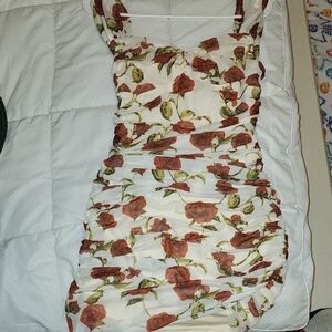SHEIN Cream Mini Dress with Rust Rose Print and Green Leaves